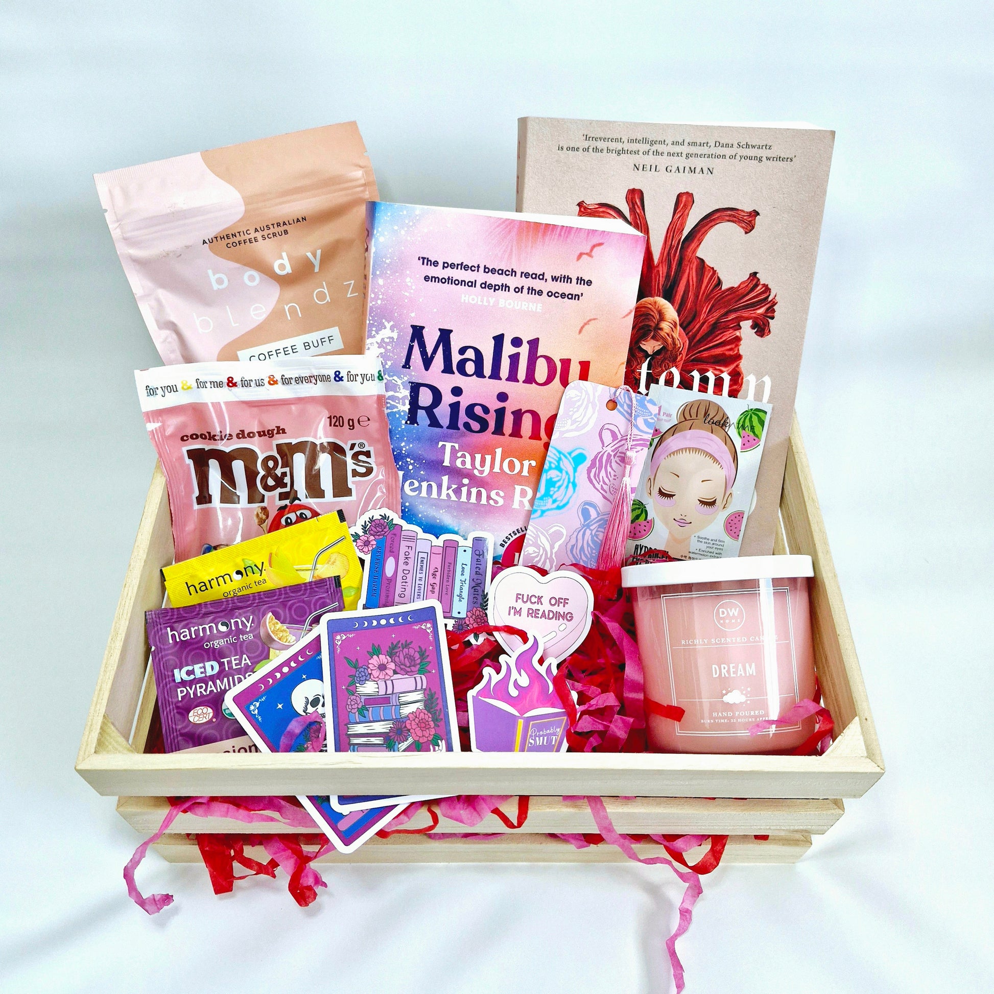 Book subscription box for readers, gift box with malibu rising by taylor jenkins REID, CANDLE, FACE MASK, M&Ms confectionary, bookmarks and stickers, coffee scrub, 